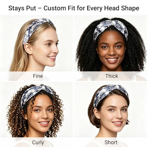 Image of ZLYC Mulberry Silk Headband for Women's Hair, Floral Navy and White | smooth luxury real silk, stretch elastic no slip fit, makeup spa skincare use, travel daily wear,boho fashion hair accessory