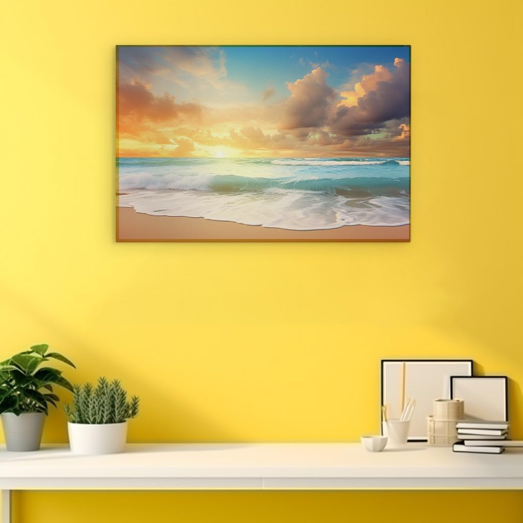 Canvas for Living room. Sunset Serenity: Discovering the Exquisite Tranquility of an Unpopulated Beach, 27 x 18 inch Canvas Wall Art - Ready to Hang