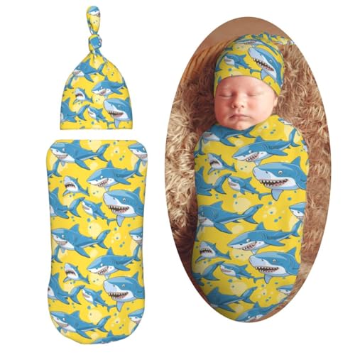 Image of Sharks On Yellow Background Newborn Swaddle Blankets Hat Sets Soft Baby Receiving Blanket Swaddle Sack for Baby Shower Infant Boy Girl Gift