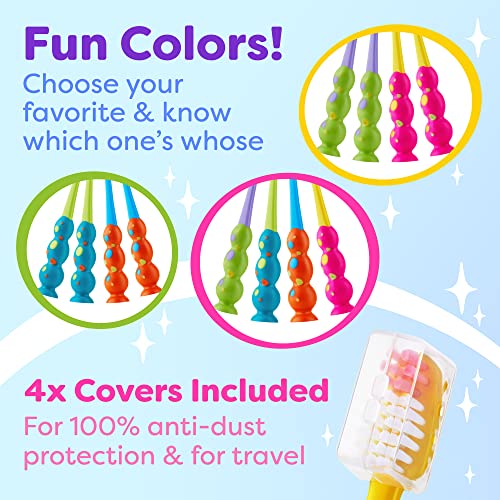 kids toothbrush 4 pack - soft bristles with suction cup - toothbrush kids child sized brush heads 3-10 year old kid toothbrush with easy storage - toddler girl and boy set 4-pack multi-color