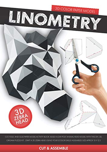 Linometry - 3D Zebra Paper Model: A cut, fold, and glue paper model activity book. Build a low-poly animal head model with this DIY, 3D, origami ... ASSEMBLED SIZE APPROX 13 X 12.5 inches image 2
