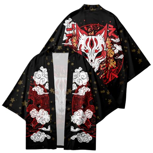 Image of DOSLAVIDA Men's Japanese Kimono Jacket Set Stylish Open Front Coat With Shorts Chinese Style Printed Cardigan Suit