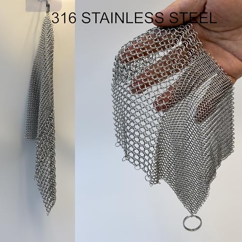 Image of Mesh Cast Iron Scrubber Fine Rings Welded Chainmail Scrubber for Cups, Skillet Cast Iron Cleaner (7.1 inch, 2 in 1)
