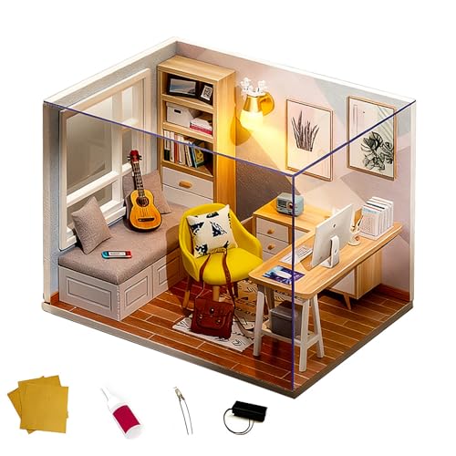 RNPKZ DIY Miniatur Puppenhaus Kit, kreatives holzmodell Haus modellbausatz, DIY Puppenhaus Miniatur Kit mit LED-Beleuchtung und Staubschutz, Geschenk für Geburtstag Weihnachten (Sonnenscheinstudie)