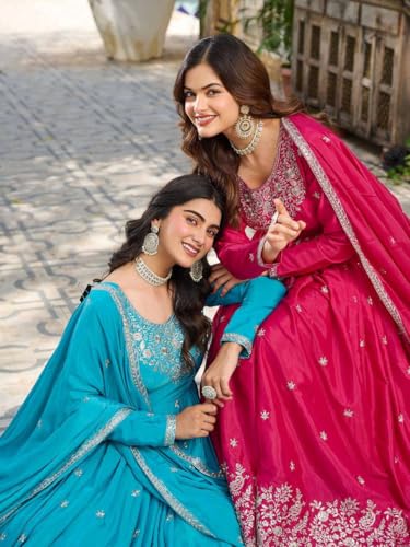 Women's American Silk Sequence Embroidery Long Anarkali Kurti Gown With Dupatta4