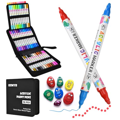KEMYR 48 Colors Acrylic Paint Pens, Dual Tip Acrylic Paint Markers for Paper, Wood, Canvas, Stone,