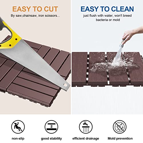 Goovilla Plastic Interlocking Deck Tiles, 9 Pack Patio Deck Tiles, 12"X12" Waterproof Outdoor Flooring All Weather Use, Patio Floor Decking Tiles For Porch Poolside Balcony Backyard, Dark Brown #TOP3