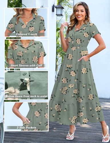 Image of Kranda Women 2026 Summer Collared V Neck Short Sleeve Button Down Chiffon Long Tiered Floral Maxi Dress with Pockets