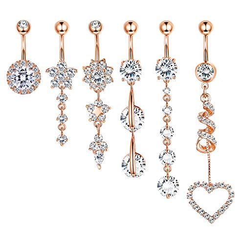 FIBO STEEL 9-10 Pcs Dangle Belly Button Rings for Women 316L Surgical Steel Curved Navel Barbell Body Jewelry Piercing