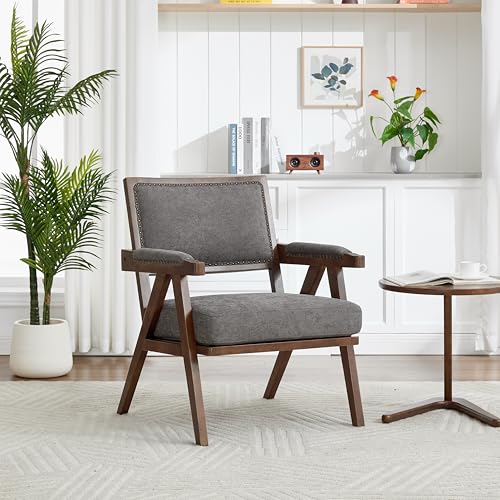 IHO SOFA Mid-Century - Sillón moderno con marco de madera maciza y reposabrazos acolchados en lino, sillón individual, sillón de relax, sillón tapizado para salón, dormitorio, gris