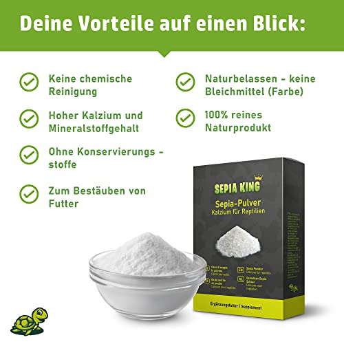 Sepia King - Sepia-Pulver - Kalzium für Schildkröten, Bartagame, Reptilien - gemahlene Sepiaschalen - Futter Bestäuben, Insekten - Futterkalk, Kalk Terrarium - 50g