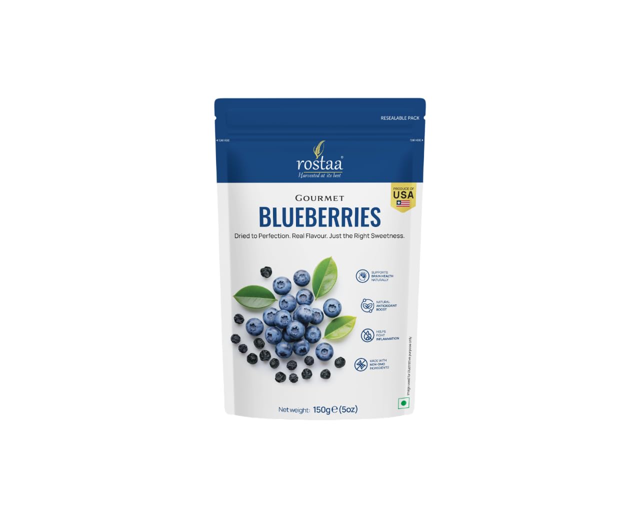 Rostaa Gourmet Blueberries 150 gms | Rich in Antioxidants, Fiber & Vitamins | Supports Brain, Heart & Digestive Health | Premium & 100% Natural Snack