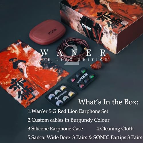Image of TANGZU Wan'er S.G II Red Lion in Ear Monitor, Gaming IEM Earphones, HiFi Wired Earphones with Silicone Headphone Organizer, Tang Sancai Wide Bore Eartips, Sonic Eartips (Red, Type C with Mic)