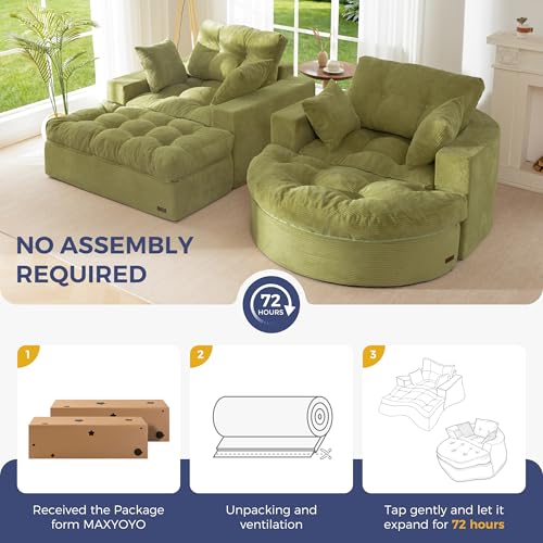 Image of MAXYOYO Modular Sectional Chaise Lounge Sofa, 2 Sets Upholstered Lounge Chair with Ottoman, Comfy Round+ Square Couch with Layered Cushion, Tufted Sleeper Chair for Living Room, No Assembly, Green