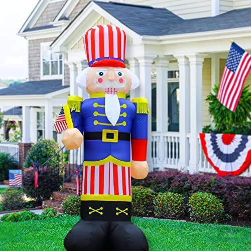Independence Day July 4th Inflatable Nutcracker Patriotic Soldier Holds Flag Yard Decor Lighted Indoor & Outdoor Decoration with Built in Blower Fan and Anchor Ropes 8 Feet Tall