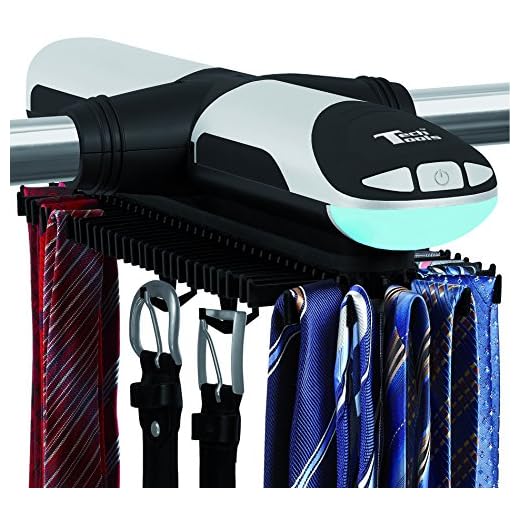 Tech Tools Motorized Revolving Tie and Belt Rack with Built in LED Light - Automatic Tie Rack Rotates Forwards & Backwards - Holds 72 Ties and 8 Belts - Bottom Hooks for Belts & Other Accessories