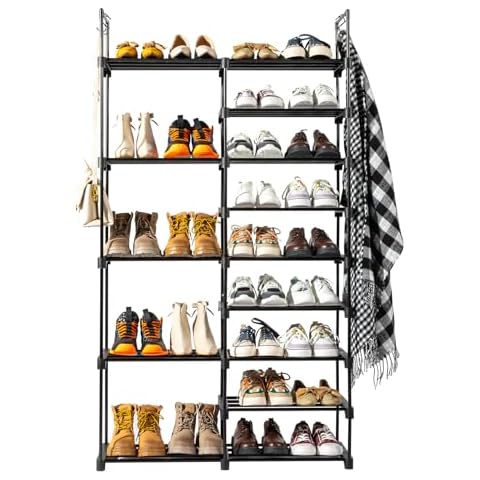 SESAISHEIR 9 Tier Large Tall Shoe Rack for Closet Holds Up to 28 Pairs Shoes & Boots, Multipurpose Shoe Shelf with Hook, Large Capacity Shoe Organizer Storage for Entryway, Bedroom, Garage (Black) Cover