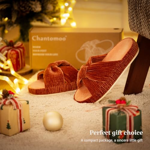 Image of Chantomoo Slippers for Women Memory Foam House Bedroom Corduroy Bow Crossbands Slipper Shoes Comfy Trendy Gift Slippers