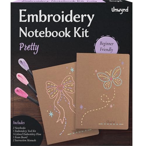 Image of Unwynd Embroidery Notebook Kit Pretty, Embroidery Kit for Beginners & Adults, DIY Hand Stitching Craft Set, Cross Stitch kits, Needlepoint kits, 2 Notebooks with Floss, Foam Board,Stamped cross Stitch