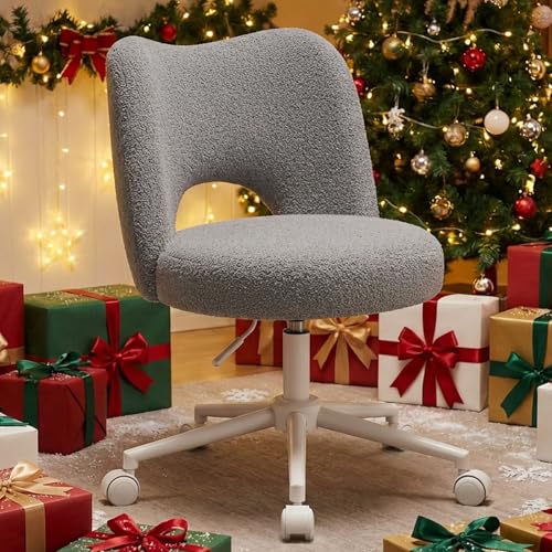 Klyvvo Schminktisch Stuhl aus Rollen, Atmungsaktive Kuschelige Teddyfell Schminkstuhl, Bürostuhl Höhenverstellbar, Schreibtischstuhl für Homeoffice, Büro, Zimmer, Als Geschenk für Familie, 150kg, Grau