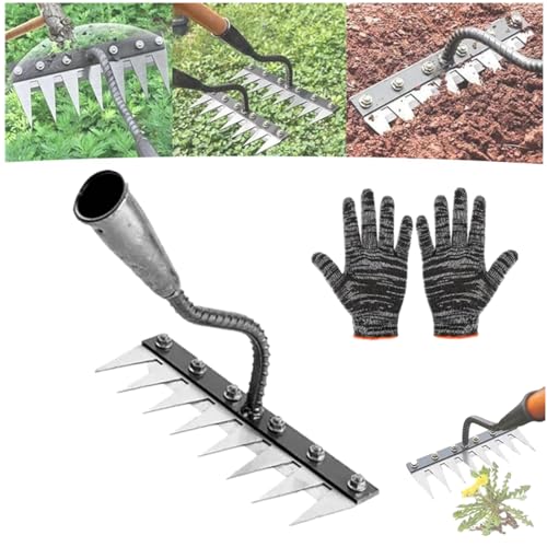 Rastrillo de hierro 2.0 con mango, rastrillo de deshierbe de hierro, rastrillo de deshierbe de jardín de acero al carbono de 5/6/7/8 dientes para desmalezar