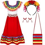 Funnysoft 6 Pcs Cinco De Mayo Mexican Dress for Girls Traditional Mexican Dress with Flower Headpiece Fiesta Dress Costume(for 6 Years)