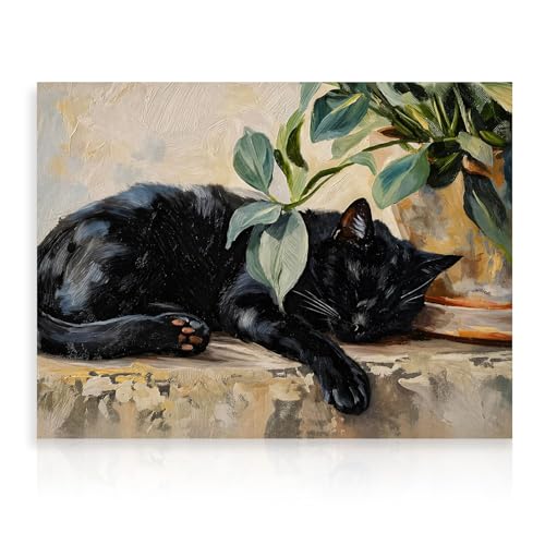 Dazzlewall Cuadro de Pared Retro de Gato Negro, Gato Negro Durmiendo con Planta Pintura al Óleo para Decoración de Dormitorio, 12x16 Pulgadas Sin Enmarcar