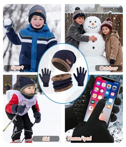 Image of Kids Winter Hat Scarf&Touchscreen Gloves Set,Knitted Beanie with Fleece Lining, Neck Warmer for Boys Girls 4-15 Years