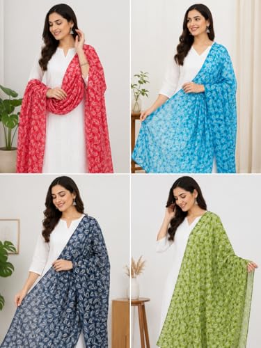 Image of Pure Cotton Dupatta with Jaipuri Leaf Print, Combo of 2, 2.5 Metres, Soft & Breathable, Women's Ethnic Wear
