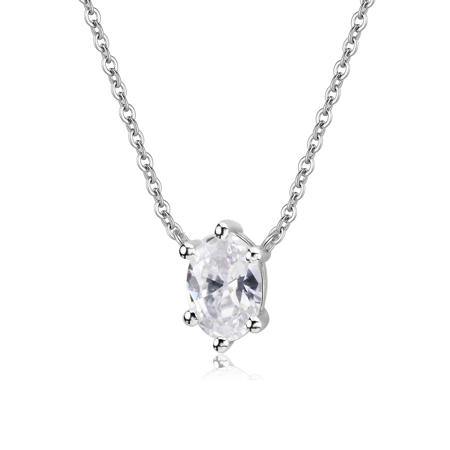 92.5 Sterling Silver Oval Solitaire Sparkler Pendant, Rhodium Plated Necklace, Elegant Whites Collection, Gift for Women, BIS Hallmarked
