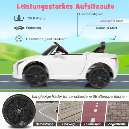 GOPLUS 12V Kinder Elektroauto Lexus LC500, Elektrofahrzeuge mit 2,4G Fernbedienung, Kinderauto Elektrisch mit 2 Türen & 2 Geschwindigkeiten & USB & Hupe & Musik, für Kinder 3-8 Jahren (weiß) – Bild 4