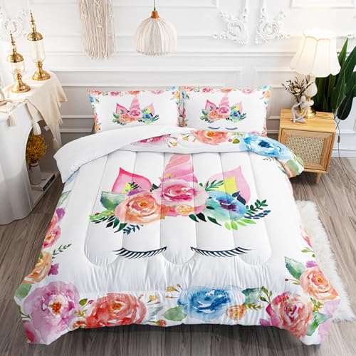Edredon Cama 150 Flor De Unicornio Rosa Relleno Nordico Cama 150 Cálido y Cómodo con 2 Fundas de Almohada Relleno Nordico 4 Estaciones Transpirable Edredón Invierno Cama 150 (203x228 cm)
