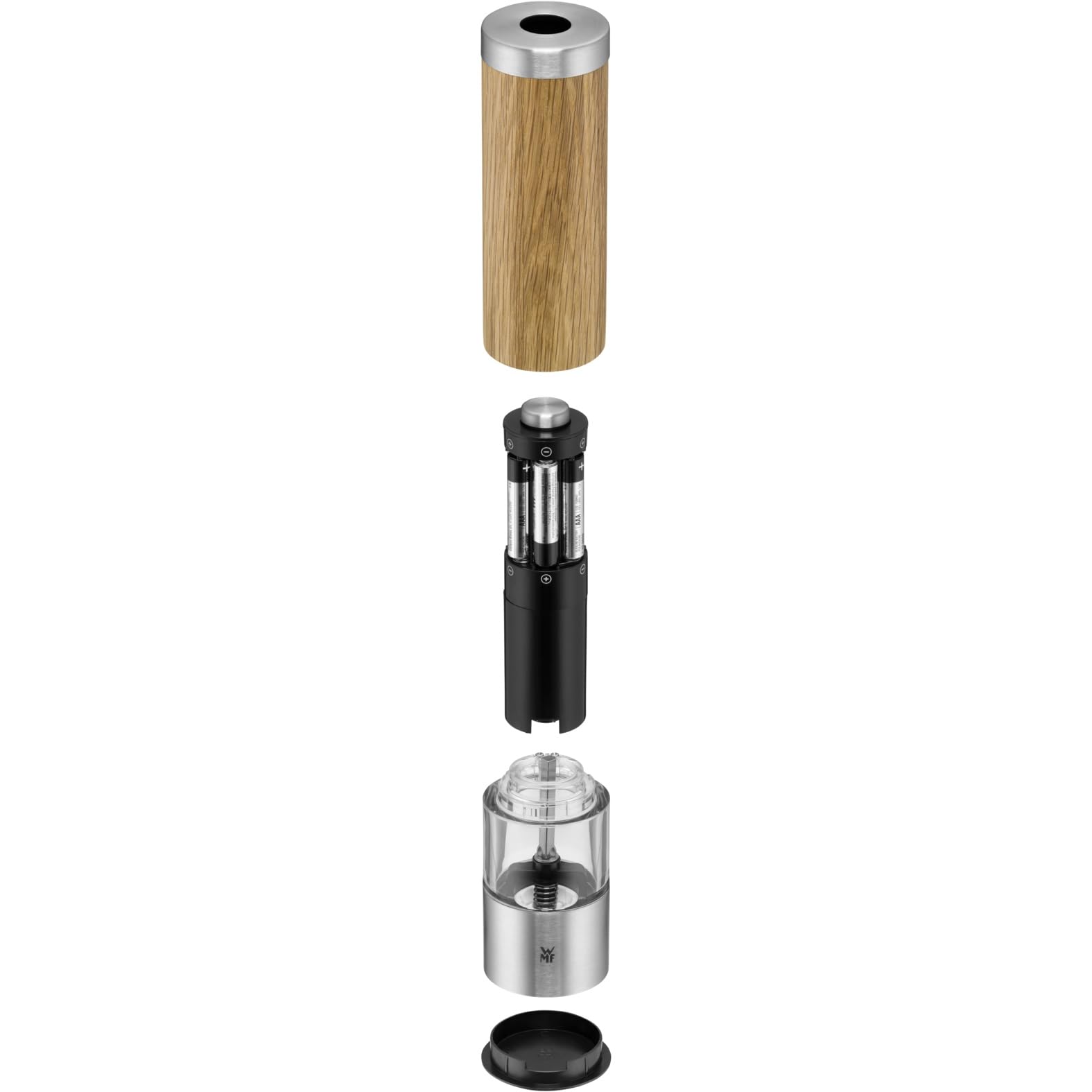 WMF Ceramill Elektrische Mühle 21,5 cm, Salz und Pfeffermühle elektrisch unbefüllt, Eichenholz Cromargan Edelstahl, Keramikmahlwerk