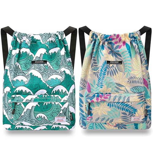 Peicees Pack of 2 Waterproof Drawstring Sport Bags Lightweight Sackpack Backpack for Men and Women, Sea Wave and Gray Leaves