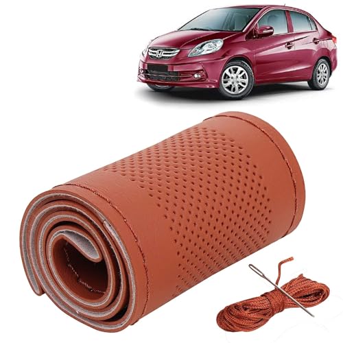 Image of KINGSWAY PU Leatherite Car Steering Cover Sewable Compatible with Honda Amaze (Year 2013-2018), Tan Color with Tan Thread, Pack of 1 with Sewing Needle and Thread