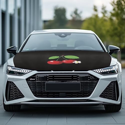 Image of Red Cherries Car Hood Cover Elastic Polyester Car Hood Cover Waterproof Automotive Accessories Easy Installation for Car Hood Decoration and Protection