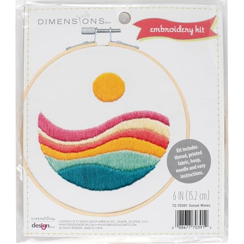 Image of Dimensions 72-70391 Sunset Waves Embroidery Needlepoint Kit for Beginners, 6 inch Diameter Hoop, Multicolor, 5 Pieces