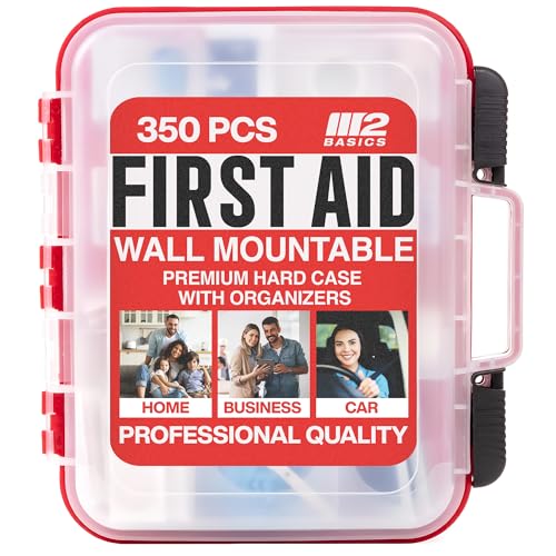 Image of M2 BASICS Professional 350 Piece First Aid Kit, Wall Mountable Dual Layer Hard Case for Business, Home, Car, Vehicle & Work