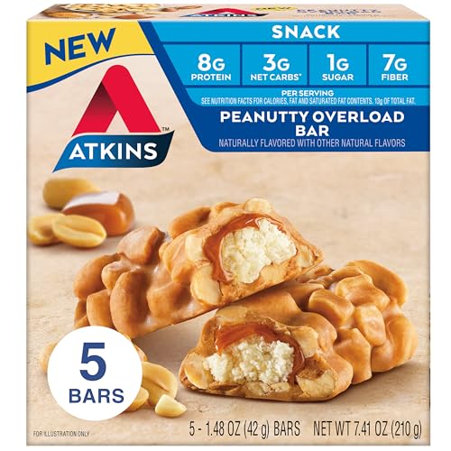 Atkins Peanutty Overload Snack Bar, Protein Snack, High in Fiber, 2g Sugar, 5 Count