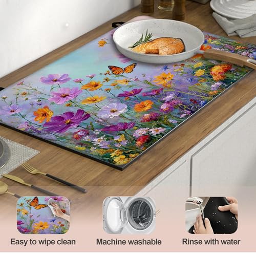 Image of Colorful Flowers Butterflies Stove Top Covers Pad 28 x 20 inches Dish Drying Mat Coffee Bar Mats Kitchen Decor Absorbent Pad Fit Coffee Maker Machine Dish Drying