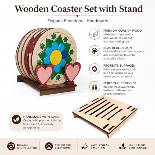 Image of BAGJI TOYS DIY Coaster Painting Kit for Kids & Adults - 6 Pre-Marked Wooden Tea Coasters with Stand, 12 Non Toxis Water Base Colours & 1 Brush - Mandala Art & Craft DIY Set - Beginner Friendly Painting Craft Kit, Birthday & Gift Activity (MandalaA5)