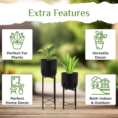 Image of Bee Creative Metal Floor Plant Pot Set of 2 Ideal for Indoor Outdoor Home Decor Round Planter with Metal Plant Stand