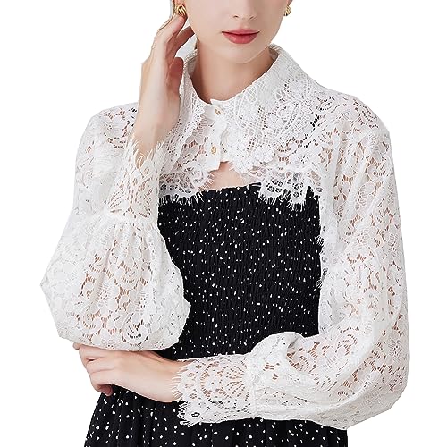 [Yolrky] フェイクシャツ レディース 付け襟 ブラウス 長袖 付け衿 レイヤード 重ね着風 ハーフシャツ おしゃれ 偽襟 (ホワイト/レース)のサムネイル