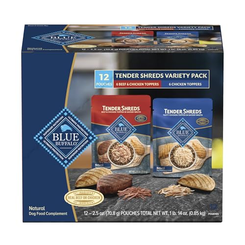 Blue Buffalo Tender Shreds Tasty Chicken Topper and Beef & Chicken Topper Natural Dog Food Complement, 2.5-oz. Pouch, 12-Count Variety Pack