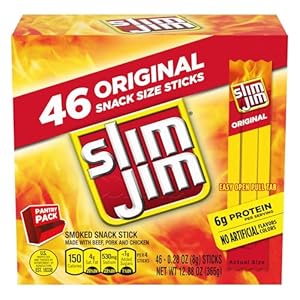 Slim Jim Smoked Meat Sticks, Original Flavor, 6g Protein Per Serving, Snack Size, 0.28 oz. (46 Count)