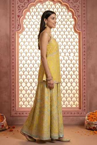 Image of Aurelia Women's Floral Printed Sequins Spaghetti Strap Short Top and Lehenga Set with Dupatta