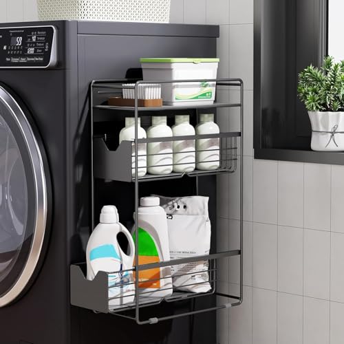洗濯機横 マグネット収納ラック 引き出し付き 取り付け不要 冷蔵庫横収納 キッチン 洗面所 すき間 省スペース 調味料 スパイス収納 ランドリーラック すき間ワゴン (ブラック, 3段)