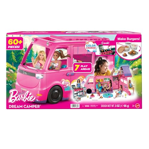 Image of Barbie Dream Camper Playset with Roof Tent, Swing Chair, Fishing Pond, BBQ Grill with Color-Change Feature & 60+ Accessories Including Dough