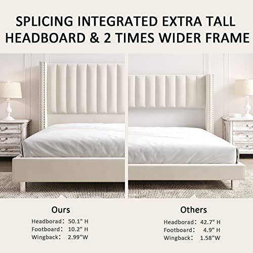 Papajet King Size Platform Bed Frame Velvet Bed Frame Tufted Upholstered Bed Frame With Raised Wingback Headboard Low Profile/No Box Spring Required/Wood Slat Support/Mattress Foundation/Cream #TOP2