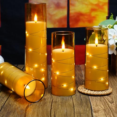 Image of kakoya Flameless LED Candles with Timer 5 Pc Flickering Flameless Candles for Romantic Ambiance and Home Decoration Stable Acrylic Shell,with Embedded Star String,Battery Operated Candles(Gold)